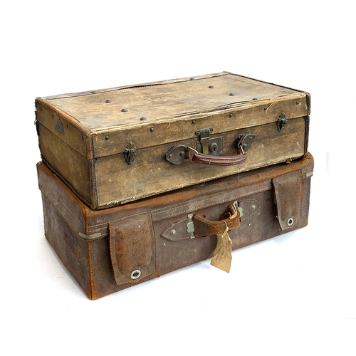 1085 - A vintage leather suitcase, 70x41x25cm; together with one other canvas and leather suitcase, 66x40x2... 