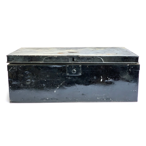 1087 - A black painted tin travel trunk, with brass plaque to top, twin loop handles, 85x41x31cm