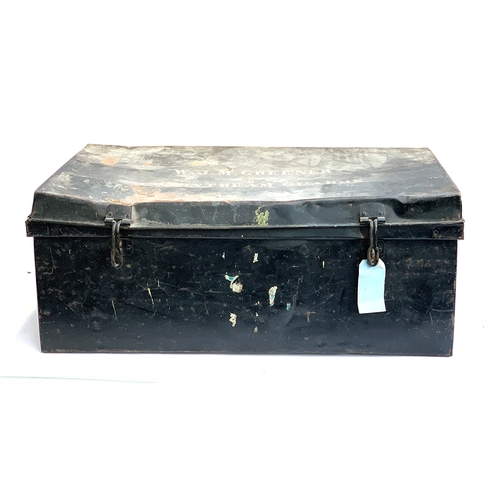 1089 - A black metal tin travel trunk, the top marked 'W.J.M Greener, Coldstream Guards', 92x53x37cm