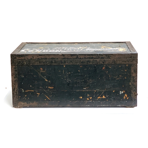 1090 - A tin lined pine and metal banded travel trunk, the top marked H.R Sykes, 96x50x43cm