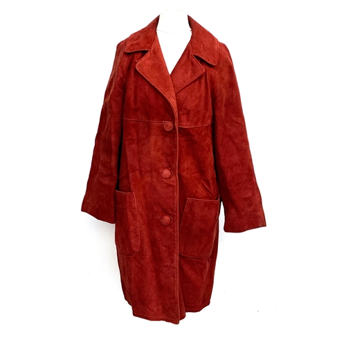 875 - A vintage ladies suede overcoat by Keleti; together with a tweed overcoat and fur trim, each size 10... 