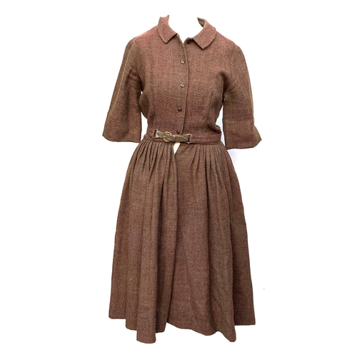 950 - A vintage tweed dress by Cos Cob, size 10, with belt; together with a two piece tailored black silk ... 