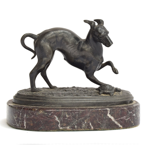 116 - A small bronze of a leaping whippet playing with a tortoise, on a marble base, 12cm long