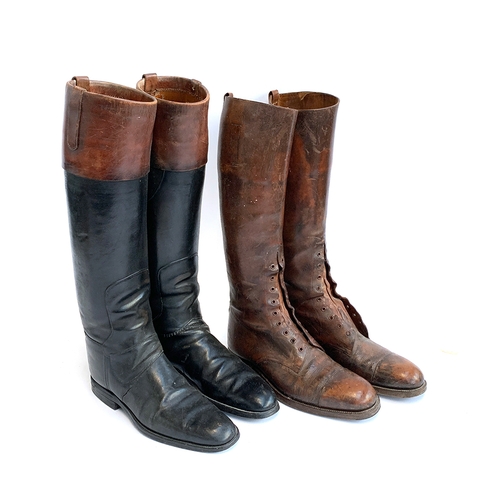 877 - A pair of gents mahogany top black hunting boots; together with a brown pair of field boots