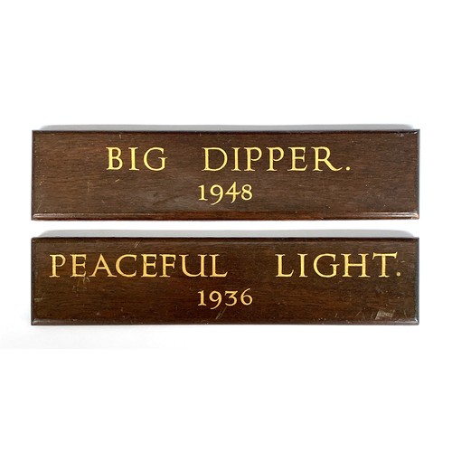 92A - A pair of oak stable name plates, 'Big Dipper 1948' and 'Peaceful Light 1936', 21.5x5cm (2)