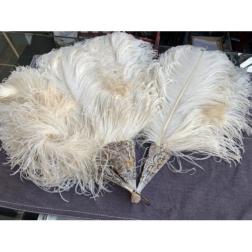 921 - Two Victorian ostrich feather fans, together with one other lace fan, and a feather fascinator