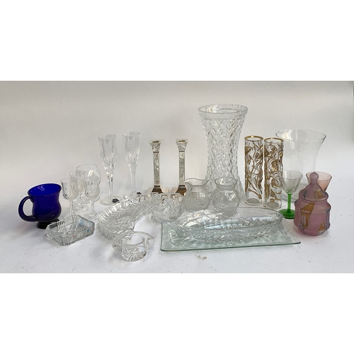 174 - A pair of Stuart crystal wine glasses; together with cut glass vase; Bristol blue tankard; art glass... 