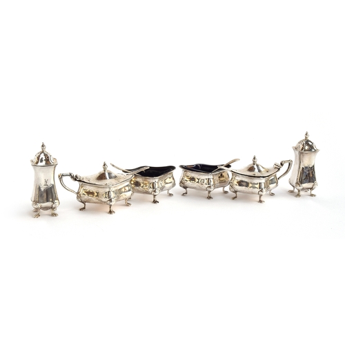 95 - A silver six piece cruet set by Levesley Brothers, Sheffield, c.1912, comprising two open salts and ... 