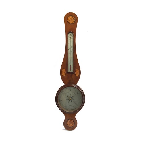 504 - A George III inlaid mahogany banjo barometer, the silvered dial signed Thomas Ronketti, No. 132 Holb... 