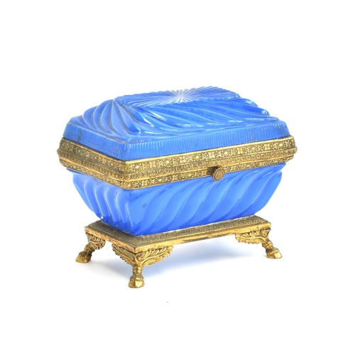 162 - A 19th century French ormolu mounted blue opaline glass casket, 11.5cm wide, on acanthus capped hoof... 