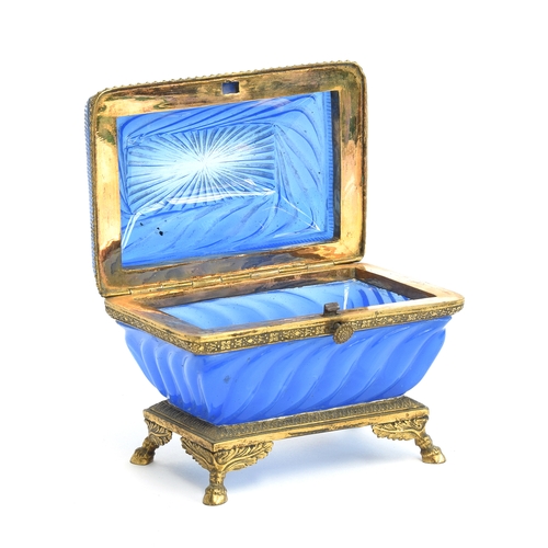 162 - A 19th century French ormolu mounted blue opaline glass casket, 11.5cm wide, on acanthus capped hoof... 