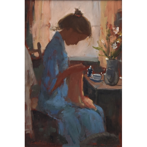 388 - 20th Century continental school Girl Sewing at Table, oil on board, indistinctly signed lower left, ... 