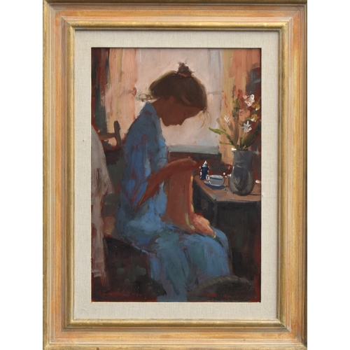 388 - 20th Century continental school Girl Sewing at Table, oil on board, indistinctly signed lower left, ... 