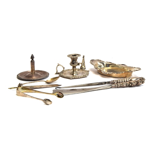 70 - A mixed lot of silver to include a Regency candle holder by Joseph Angell I, London 1826; pin dish; ... 