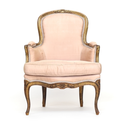 608 - A 19th century Continental giltwood carved armchair, with floral carved detail, on cabriole legs, lo... 