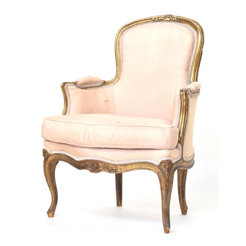 608 - A 19th century Continental giltwood carved armchair, with floral carved detail, on cabriole legs, lo... 