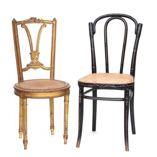 610 - A 19th century French Louis XVI giltwood occasional chair with circular caned seat; and later ebonis... 