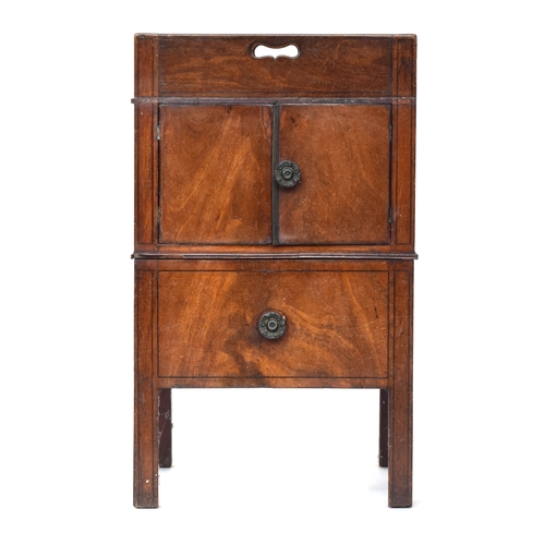 597 - A Regency mahogany night stand, galleried top with pierced handles to all sides, over cupboard doors... 