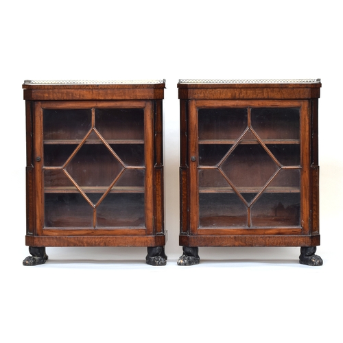 577 - A pair of early 19th century astragal glazed rosewood cabinets, pierced brass three quarter gallery ... 