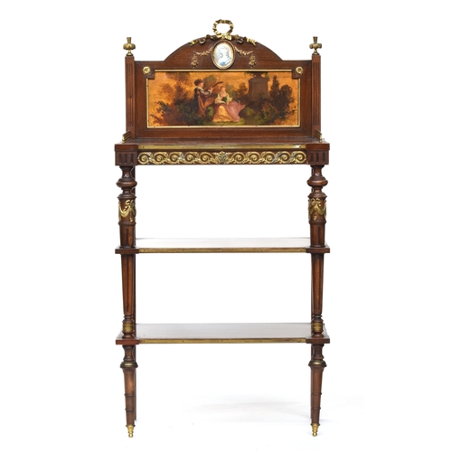 566 - A mahogany and parcel gilt etagere with painted upstand over three tiers, 58cm wide, 36cm deep, 101c... 