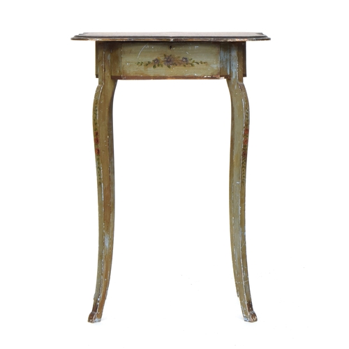 565 - A 19th century painted pine sewing table, with shaped hinged top, 54cm wide, 44cm deep, 77cm high