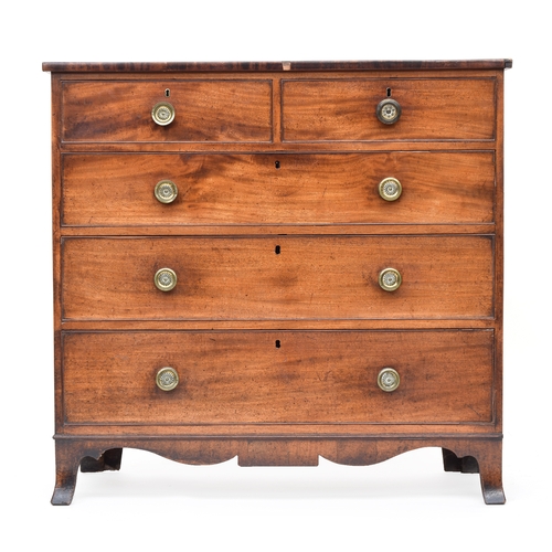 535 - A 19th century chest of two short over three graduating cockbeaded drawers, on shaped apron and swep... 