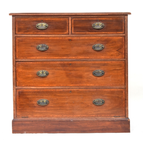 536 - A Victorian mahogany and satinwood banded chest of two short over three long drawers, the lower draw... 