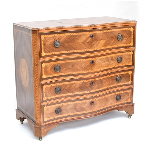 533 - A probably Spanish serpentine fronted chest of four drawers, all over marquetry and parquetry decora... 