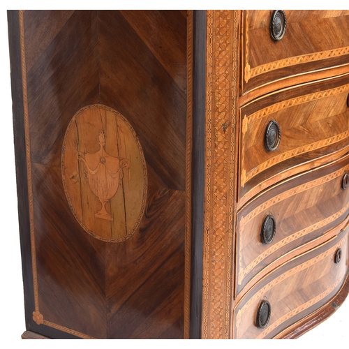 533 - A probably Spanish serpentine fronted chest of four drawers, all over marquetry and parquetry decora... 