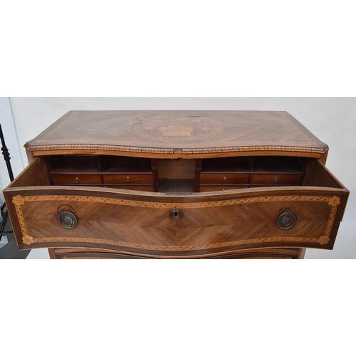 533 - A probably Spanish serpentine fronted chest of four drawers, all over marquetry and parquetry decora... 