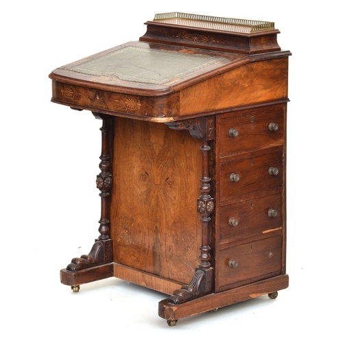 564 - A 19th century walnut and marquetry davenport, the three quarter galleried lidded superstructure ope... 