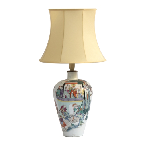 211 - A Chinese famille verte lamp of baluster form, decorated with scenes of Immortals, Yongzheng marks t... 