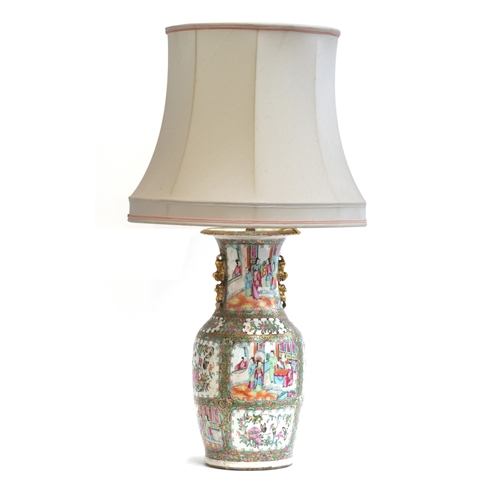 212 - A 19th century Chinese famille rose baluster vase, later converted into a lamp, decorated with panel... 