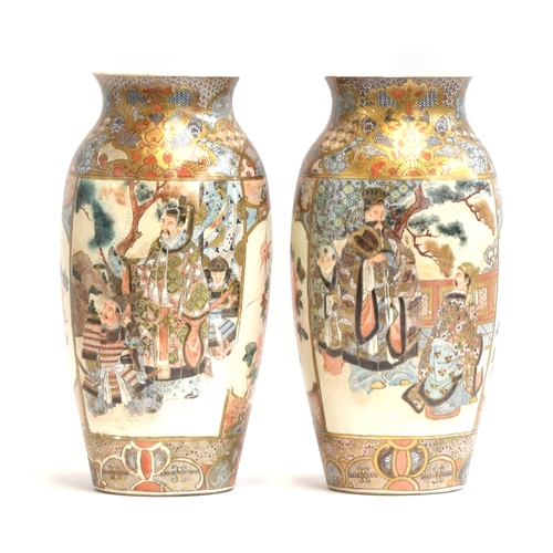 219 - A pair of Japanese Satsuma vases, c.1900, depicting court scenes and chrysanthemums, heightened in g... 