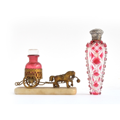 160 - An ormolu scent bottle stand in the form of a horse drawn carriage, on small marble base, 7.5cm high... 