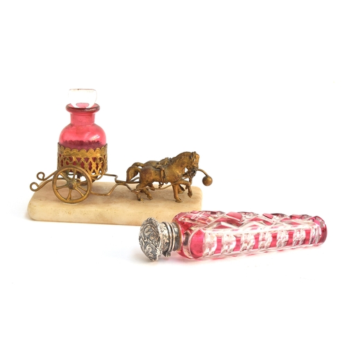 160 - An ormolu scent bottle stand in the form of a horse drawn carriage, on small marble base, 7.5cm high... 