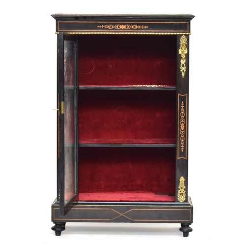 574 - An ebonised and ormolu mounted glazed cabinet bookcase of three velvet lined shelves, 89cm wide, 35c... 