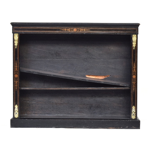 576 - An ebonised bookcase of two shelves, with boxwood stringing and ormolu mounts, on plinth base, 120cm... 