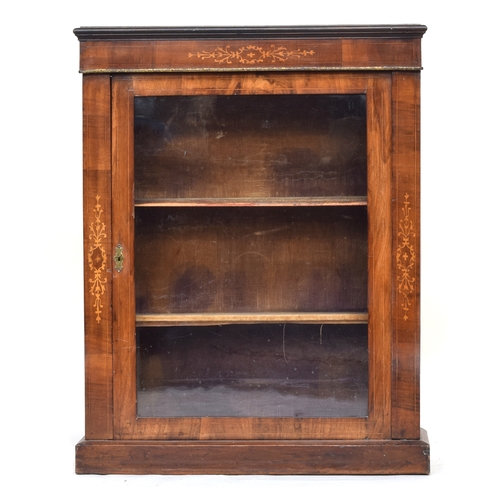 575 - A small 19th century mahogany and marquetry glazed cabinet bookcase, on plinth base, 75cm wide, 29cm... 