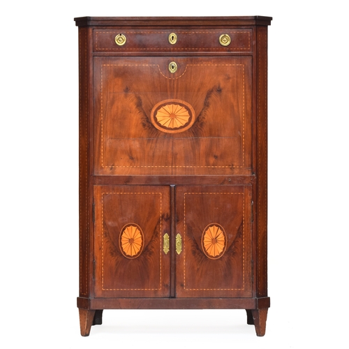 586 - A George III mahogany and marquetry secretaire a abattant, single drawer over fall front, revealing ... 