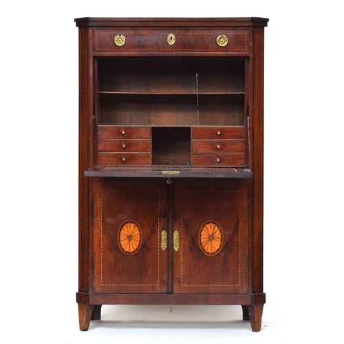 586 - A George III mahogany and marquetry secretaire a abattant, single drawer over fall front, revealing ... 