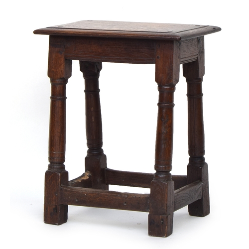 508 - An oak joint stool, moulded top on block turned legs and square stretchers, 44cm wide, 29cm deep, 54... 