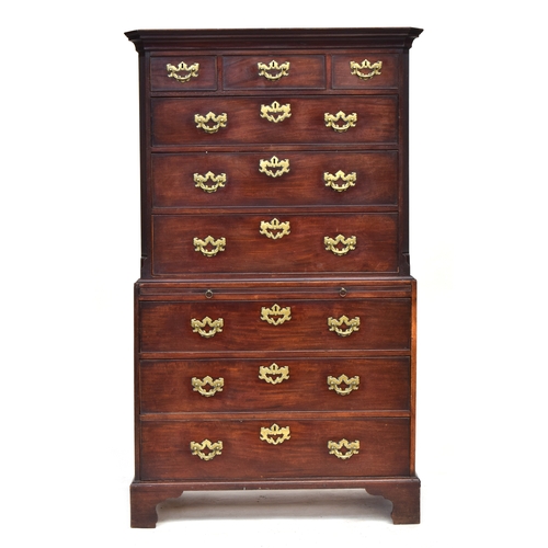 543 - A George III mahogany chest on chest, the projecting moulded cornice above three over three drawers,... 