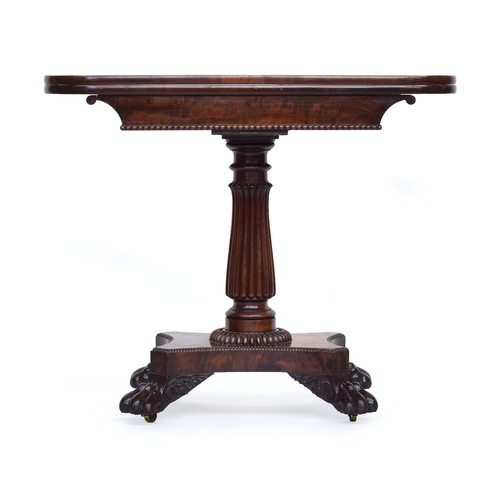 558 - A Victorian mahogany swivel top card table, on carved fluted column, rectangular base, and four pad ... 