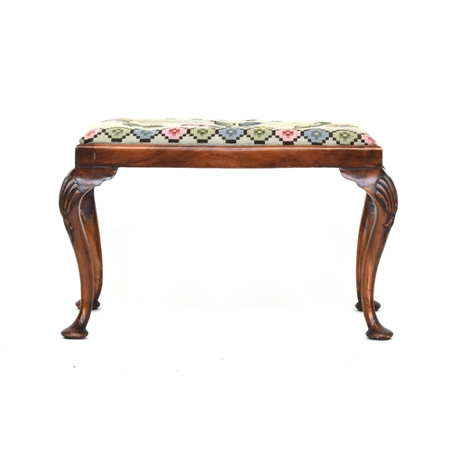 604 - A George II style footstool on shell capped cabriole legs, 72cm wide, 44cm deep, 44cm high