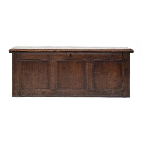 515 - A 17th century three panel oak coffer, two plank top, 120cm wide, 45cm deep, 47cm high