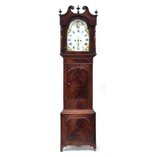 507 - A mahogany longcase clock, broken pediment over the domed dial with sun and moon phase, 222cm high