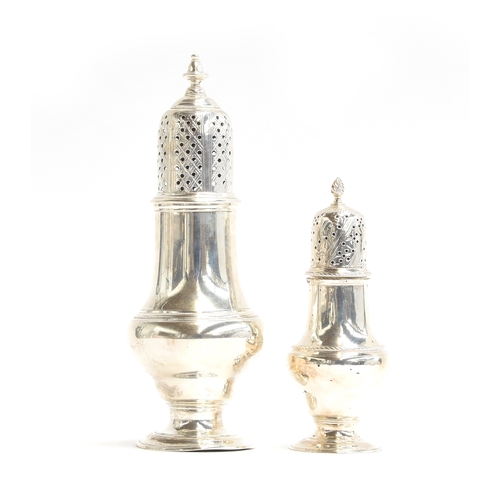 92 - Two George III silver sugar casters by Robert Peaston, London 1762 and 1768, 19cm and 13cm high, 11.... 