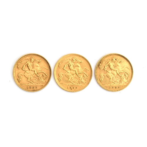 17 - Three Edward VII half sovereigns, 11.95g, one 1905 and two 1906