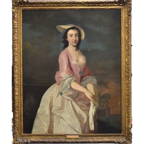 369 - Joseph Highmore (1692-1780), three-quarter length portrait of a lady holding white gloves, oil on ca... 